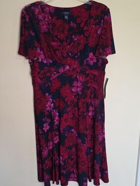 Chaps Navy Midi Dress with Red and Purple Floral Print